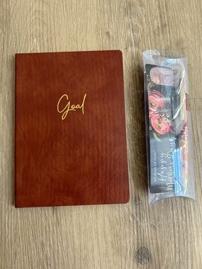 Pink Floral Ballpoint Pen with Gold Trim and Floral Bookmark and Notebook